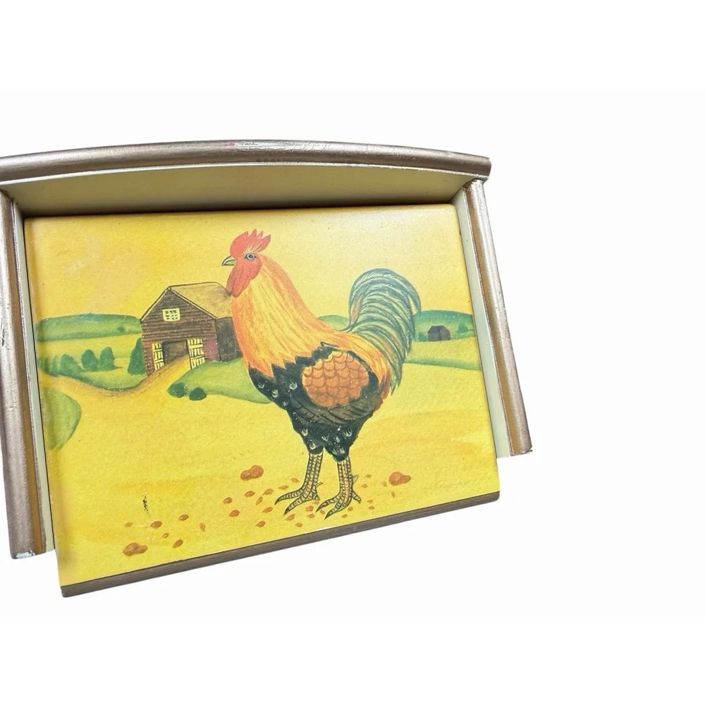 Vintage Rooster Recipe Box w Recipe Cards & Coasters Farmhouse Kitchen Decor Set
